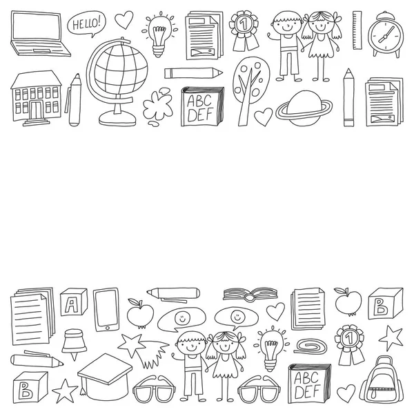 Διάνυσμα σύνολο εικονιδίων δευτεροβάθμιας εκπαίδευσης με doodle στυλ. Βαμμένο, μαύρο μονόχρωμες, εικόνες σε ένα κομμάτι χαρτί σε λευκό φόντο. — Διανυσματικό Αρχείο