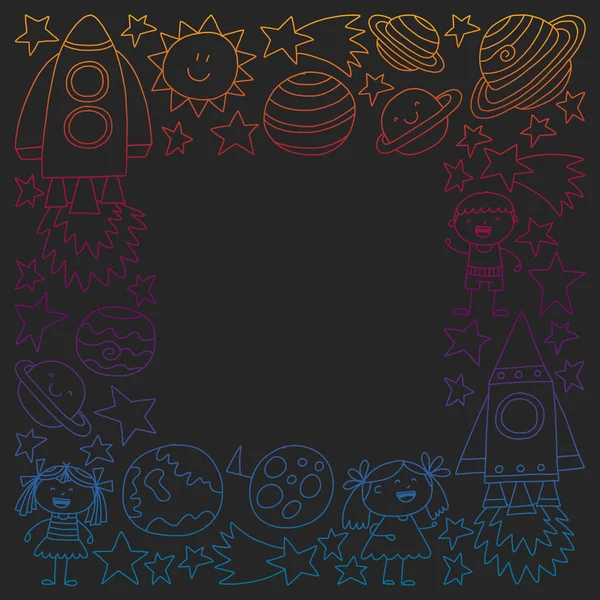 Vector set of space elements icons in doodle style. Painted, colorful, gradient pictures on a piece of paper on blackboard. — Stock Vector
