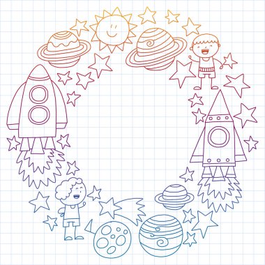 Doodle tarzı alanı öğeleri simgelerin vektör kümesi. Boyalı, renkli, degrade, beyaz bir arka plan üzerinde Kareli kağıt üzerine bir.