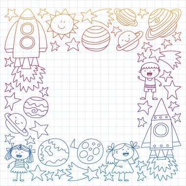 Doodle tarzı alanı öğeleri simgelerin vektör kümesi. Boyalı, renkli, degrade, beyaz bir arka plan üzerinde Kareli kağıt üzerine bir.