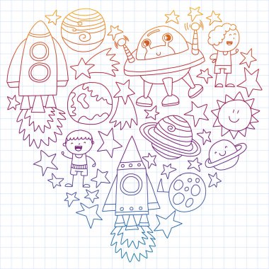 Doodle tarzı alanı öğeleri simgelerin vektör kümesi. Boyalı, renkli, degrade, beyaz bir arka plan üzerinde Kareli kağıt üzerine bir.