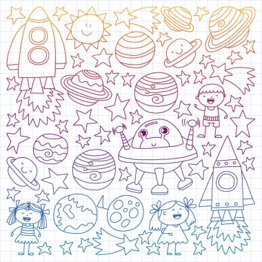 Doodle tarzı alanı öğeleri simgelerin vektör kümesi. Boyalı, renkli, degrade, beyaz bir arka plan üzerinde Kareli kağıt üzerine bir.