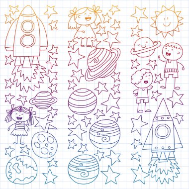 Doodle tarzı alanı öğeleri simgelerin vektör kümesi. Boyalı, renkli, degrade, beyaz bir arka plan üzerinde Kareli kağıt üzerine bir.