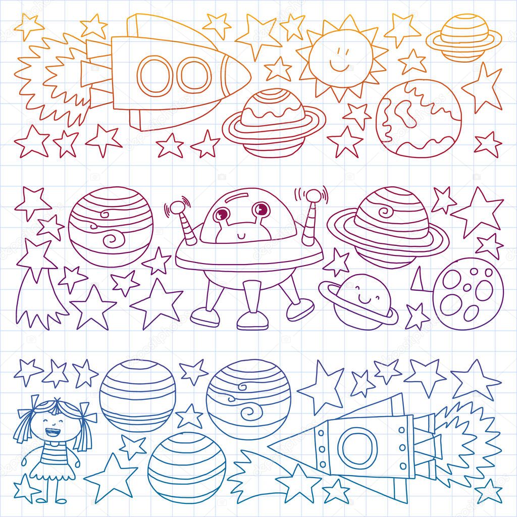 Vector set of space elements icons in doodle style. Painted, colorful, gradient, on a sheet of checkered paper on a white background.