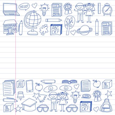 Vektör doodle tarzı ortaokul simgeler kümesi. Boyalı, beyaz bir arka plan üzerinde Kareli kağıt üzerine bir kalemle çizilmiş.