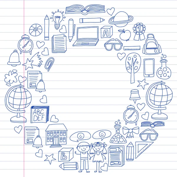 Vektor sadu ikon středních škol ve stylu doodle. Malované, nakreslený perem, na pestré papíru na bílém pozadí. — Stockový vektor