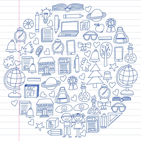 Vector set van iconen van de middelbare school in doodle stijl. Geschilderd, getekend met een pen op een vel geruit papier op een witte achtergrond. — Stockvector