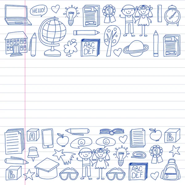 Vektor sadu ikon středních škol ve stylu doodle. Malované, nakreslený perem, na pestré papíru na bílém pozadí. — Stockový vektor