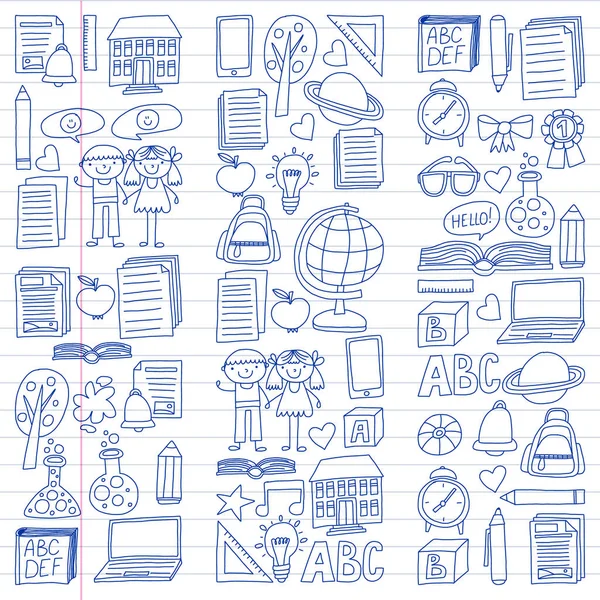 Conjunto vetorial de ícones da escola secundária em estilo doodle. Pintado, desenhado com uma caneta, em uma folha de papel quadriculado sobre um fundo branco . — Vetor de Stock