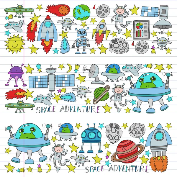 Vector set of space elements icons in doodle style. Painted, colorful, pictures on a piece of linear paper on white background. — Stock Vector