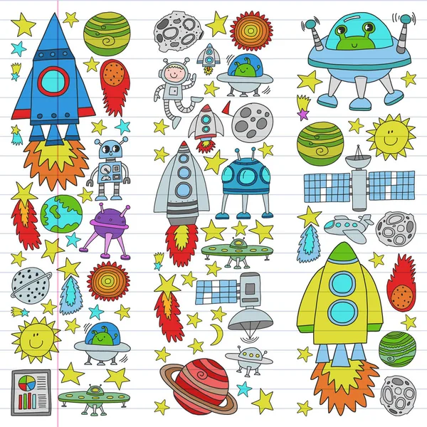 Vector set of space elements icons in doodle style. Painted, colorful, pictures on a piece of linear paper on white background. — Stock Vector