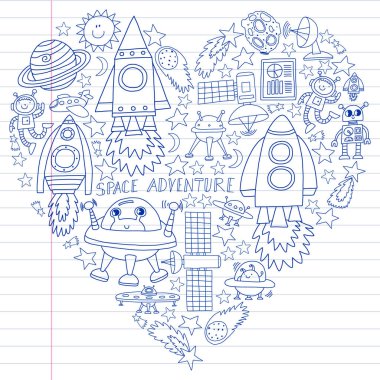 Doodle tarzı alanı öğeleri simgelerin vektör kümesi. Boyalı, beyaz bir arka plan üzerinde Kareli kağıt üzerine bir kalemle çizilmiş.