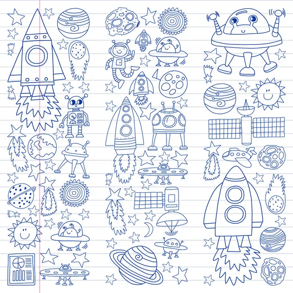 Διάνυσμα σύνολο χώρο στοιχεία εικονίδια στο στυλ της doodle. Βαμμένο, συντάσσονται με ένα στυλό, ένα φύλλο χαρτιού καρώ σε λευκό φόντο. — Διανυσματικό Αρχείο