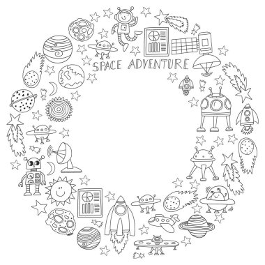 Doodle tarzı alanı öğeleri simgelerin vektör kümesi. Boyalı, kağıda beyaz arka planda siyah tek renkli, Resimler.