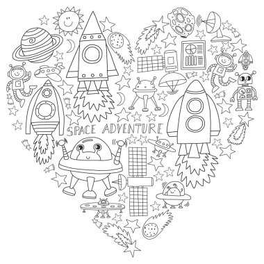 Doodle tarzı alanı öğeleri simgelerin vektör kümesi. Boyalı, kağıda beyaz arka planda siyah tek renkli, Resimler.