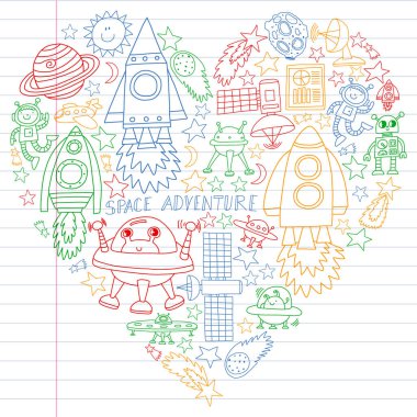 Doodle tarzı alanı öğeleri simgelerin vektör kümesi. Beyaz arka plan üzerinde doğrusal bir kağıda boyanmış, renkli, resimleri.