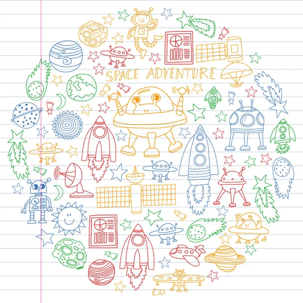 Διάνυσμα σύνολο χώρο στοιχεία εικονίδια στο στυλ της doodle. Εικόνες ζωγραφισμένα, πολύχρωμα, σε ένα κομμάτι χαρτί γραμμική σε λευκό φόντο. — Διανυσματικό Αρχείο