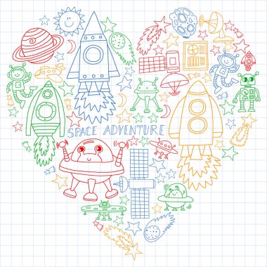 Doodle tarzı alanı öğeleri simgelerin vektör kümesi. Beyaz bir arka plan üzerinde Kareli kağıt üzerine bir boyalı, renkli, Resimler.