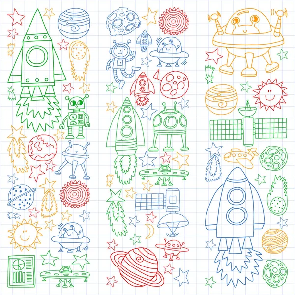 Διάνυσμα σύνολο χώρο στοιχεία εικονίδια στο στυλ της doodle. Χειροποίητη, πολύχρωμα, εικόνες σε ένα φύλλο χαρτιού καρώ σε λευκό φόντο. — Διανυσματικό Αρχείο