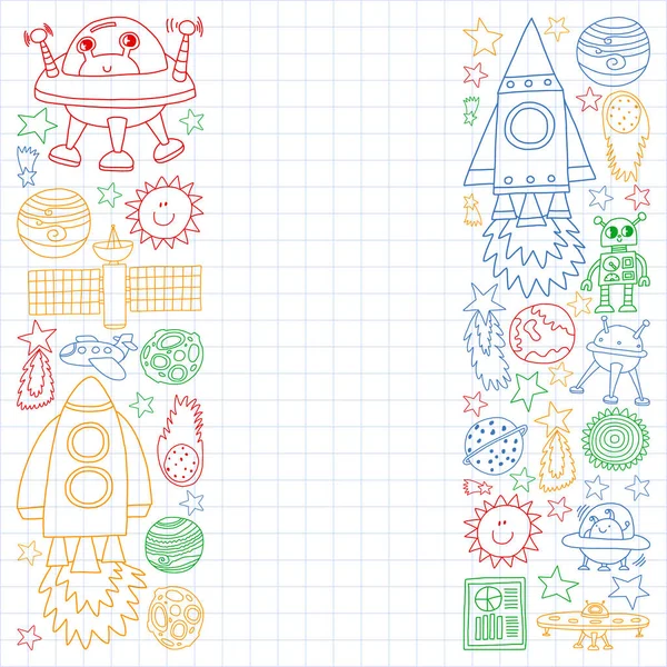 Conjunto vectorial de iconos de elementos espaciales en estilo doodle. Pintado, colorido, imágenes en una hoja de papel a cuadros sobre un fondo blanco . — Vector de stock