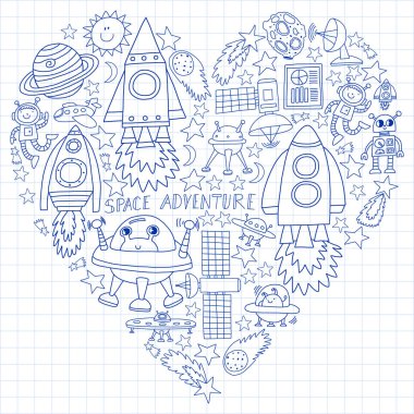 Doodle tarzı alanı öğeleri simgelerin vektör kümesi. Boyalı, beyaz bir arka plan üzerinde Kareli kağıt üzerine bir kalemle çizilmiş.