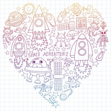 Doodle tarzı alanı öğeleri simgelerin vektör kümesi. Boyalı, renkli, degrade, beyaz bir arka plan üzerinde Kareli kağıt üzerine bir.