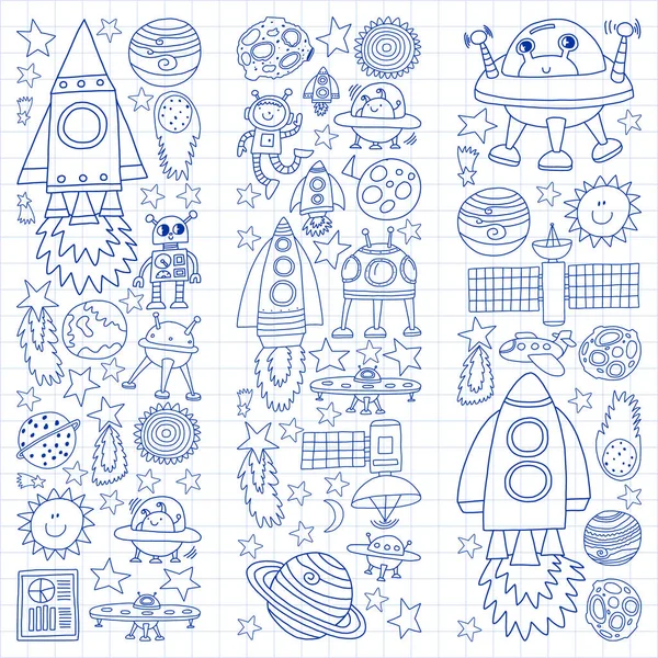 Διάνυσμα σύνολο χώρο στοιχεία εικονίδια στο στυλ της doodle. Βαμμένο, συντάσσονται με ένα στυλό, ένα φύλλο χαρτιού καρώ σε λευκό φόντο. — Διανυσματικό Αρχείο