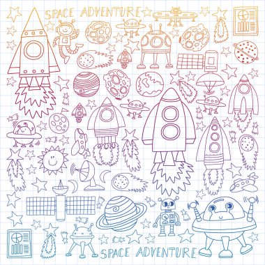 Doodle tarzı alanı öğeleri simgelerin vektör kümesi. Boyalı, renkli, degrade, beyaz bir arka plan üzerinde Kareli kağıt üzerine bir.