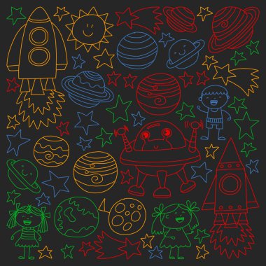 Doodle tarzı alanı öğeleri simgelerin vektör kümesi. Kağıda yazı tahtası üzerinde boyalı, renkli, Resimler.