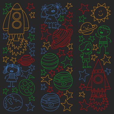 Doodle tarzı alanı öğeleri simgelerin vektör kümesi. Kağıda yazı tahtası üzerinde boyalı, renkli, Resimler.