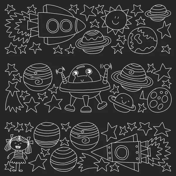 Vector set of space elements icons in doodle style. Painted, black monochrome, chalk pictures on a blackboard. — Stock Vector