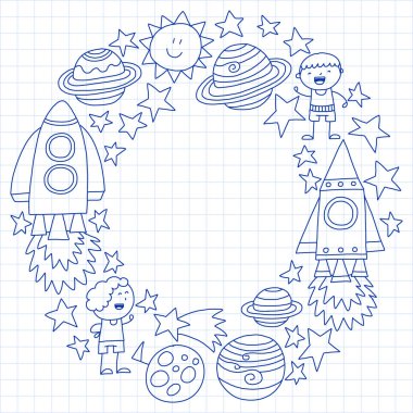 Doodle tarzı alanı öğeleri simgelerin vektör kümesi. Boyalı, beyaz bir arka plan üzerinde Kareli kağıt üzerine bir kalemle çizilmiş.