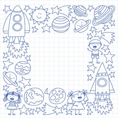 Doodle tarzı alanı öğeleri simgelerin vektör kümesi. Boyalı, beyaz bir arka plan üzerinde Kareli kağıt üzerine bir kalemle çizilmiş.