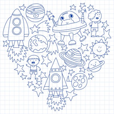 Doodle tarzı alanı öğeleri simgelerin vektör kümesi. Boyalı, beyaz bir arka plan üzerinde Kareli kağıt üzerine bir kalemle çizilmiş.