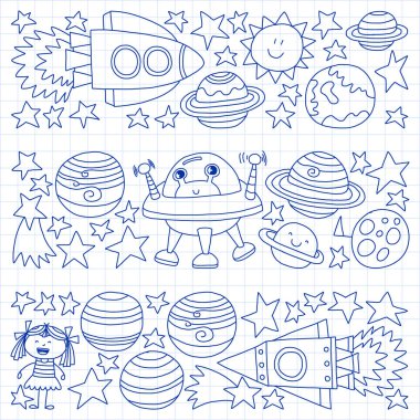 Doodle tarzı alanı öğeleri simgelerin vektör kümesi. Boyalı, beyaz bir arka plan üzerinde Kareli kağıt üzerine bir kalemle çizilmiş.