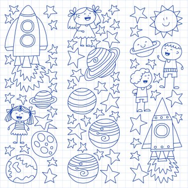 Doodle tarzı alanı öğeleri simgelerin vektör kümesi. Boyalı, beyaz bir arka plan üzerinde Kareli kağıt üzerine bir kalemle çizilmiş.