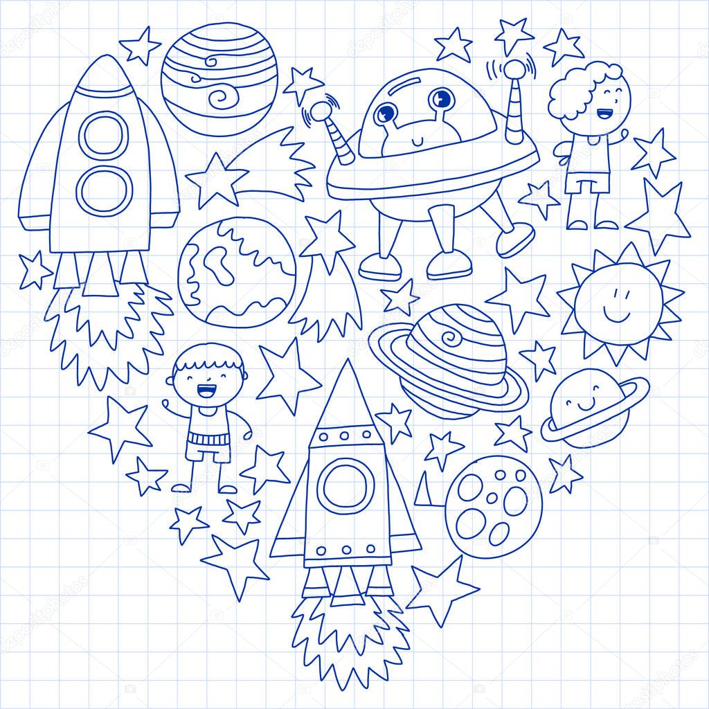 Vector set of space elements icons in doodle style. Painted, drawn with a pen, on a sheet of checkered paper on a white background.