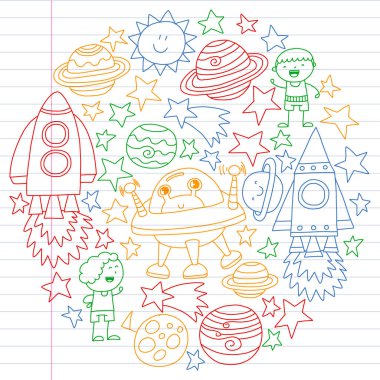 Doodle tarzı alanı öğeleri simgelerin vektör kümesi. Boyalı, renkli, degrade, beyaz bir arka plan üzerinde Kareli kağıt üzerine bir.