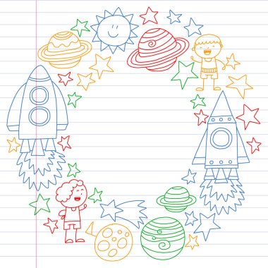 Doodle tarzı alanı öğeleri simgelerin vektör kümesi. Boyalı, renkli, degrade, beyaz bir arka plan üzerinde Kareli kağıt üzerine bir.