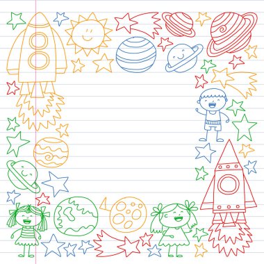 Doodle tarzı alanı öğeleri simgelerin vektör kümesi. Boyalı, renkli, degrade, beyaz bir arka plan üzerinde Kareli kağıt üzerine bir.