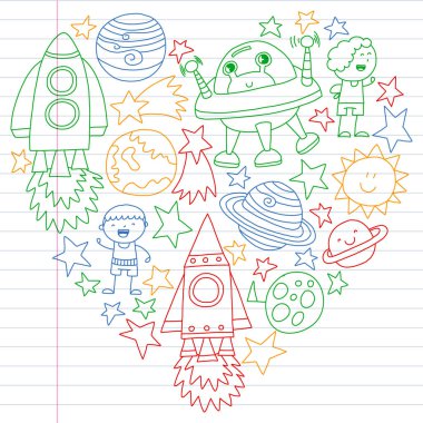 Doodle tarzı alanı öğeleri simgelerin vektör kümesi. Boyalı, renkli, degrade, beyaz bir arka plan üzerinde Kareli kağıt üzerine bir.