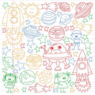 Doodle tarzı alanı öğeleri simgelerin vektör kümesi. Boyalı, renkli, degrade, beyaz bir arka plan üzerinde Kareli kağıt üzerine bir.