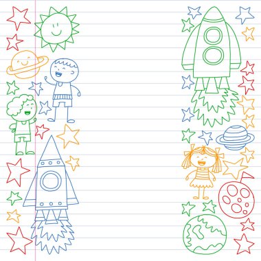 Doodle tarzı alanı öğeleri simgelerin vektör kümesi. Boyalı, renkli, degrade, beyaz bir arka plan üzerinde Kareli kağıt üzerine bir.