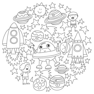 Doodle tarzı alanı öğeleri simgelerin vektör kümesi. Boyalı, kağıda beyaz arka planda siyah tek renkli, Resimler.