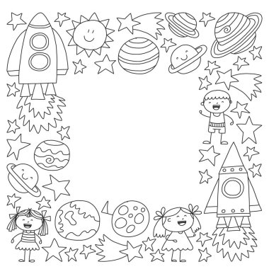 Doodle tarzı alanı öğeleri simgelerin vektör kümesi. Boyalı, kağıda beyaz arka planda siyah tek renkli, Resimler.