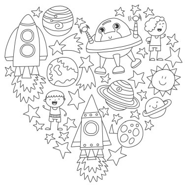 Doodle tarzı alanı öğeleri simgelerin vektör kümesi. Boyalı, kağıda beyaz arka planda siyah tek renkli, Resimler.