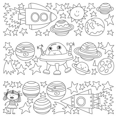 Doodle tarzı alanı öğeleri simgelerin vektör kümesi. Boyalı, kağıda beyaz arka planda siyah tek renkli, Resimler.