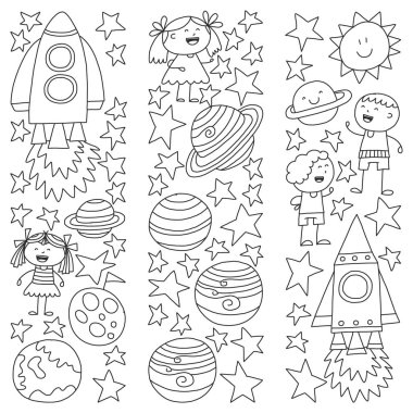 Doodle tarzı alanı öğeleri simgelerin vektör kümesi. Boyalı, kağıda beyaz arka planda siyah tek renkli, Resimler.