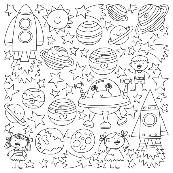 Vector set of space elements icons in doodle style. Painted, black monochrome, pictures on a piece of paper on white background. — Stock Vector