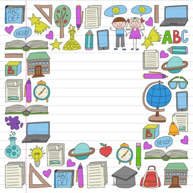 Geri okul simgeleri doodle tarzı vektör kümesi. Beyaz arka plan üzerinde doğrusal bir kağıda boyanmış, renkli, resimleri.